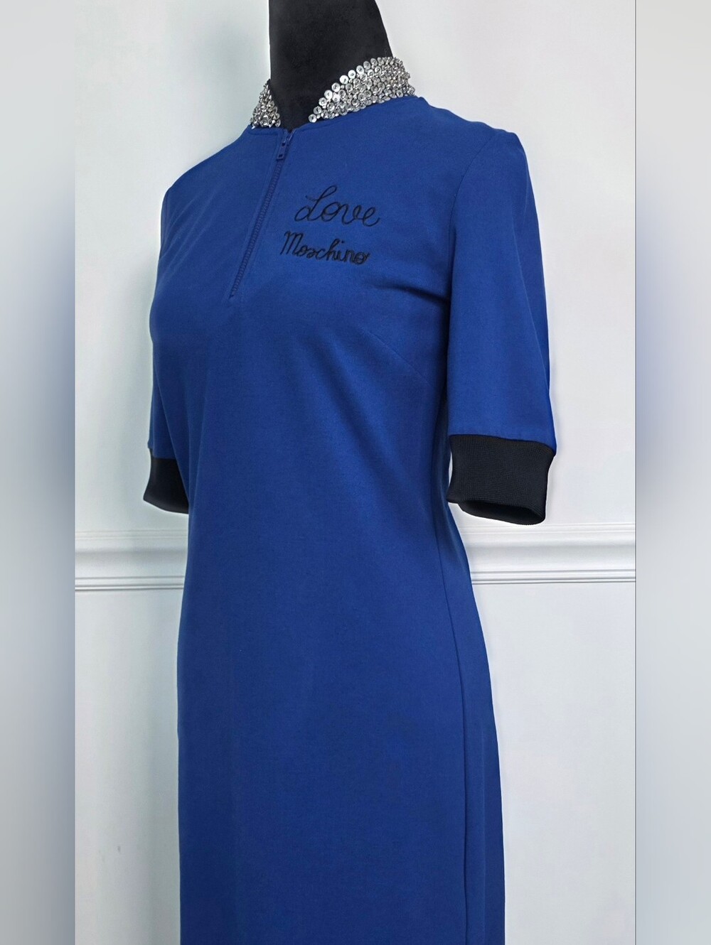 Love Moschino Blue Midi Dress US 6 IT 40 Embellished Sequin Collar Logo Zip